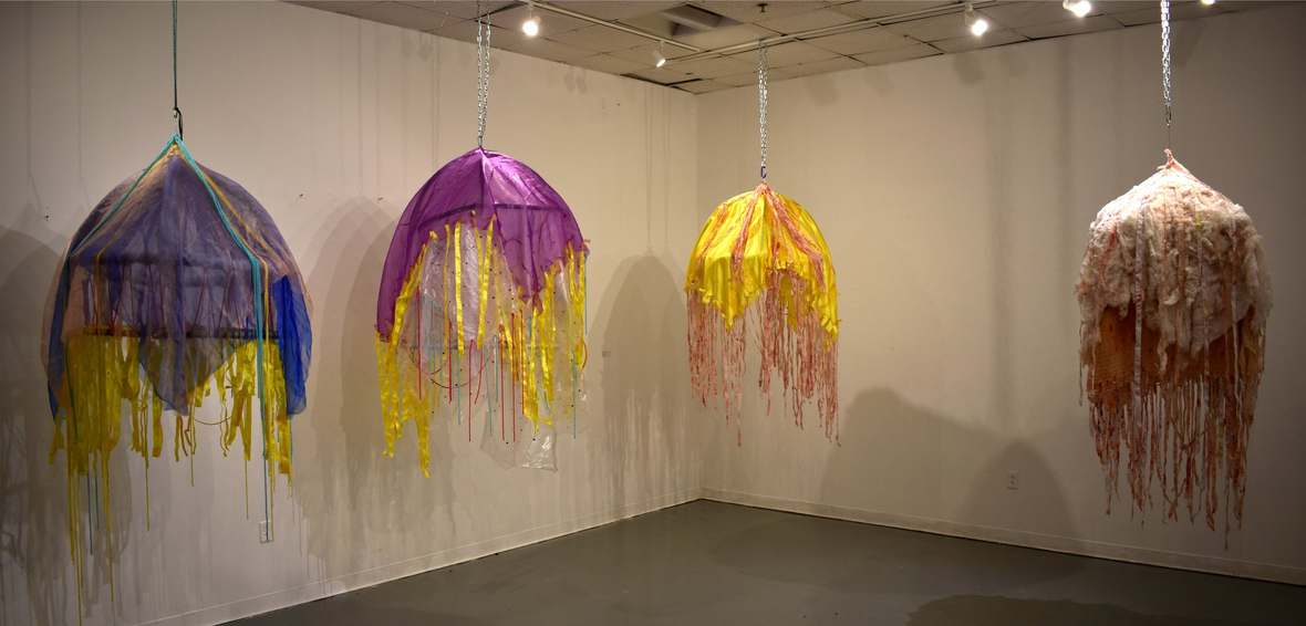 REALM — The Sense Chambers — Mixed media — screenprint and etching on textile, handmade paper pulp, LED, found fabric