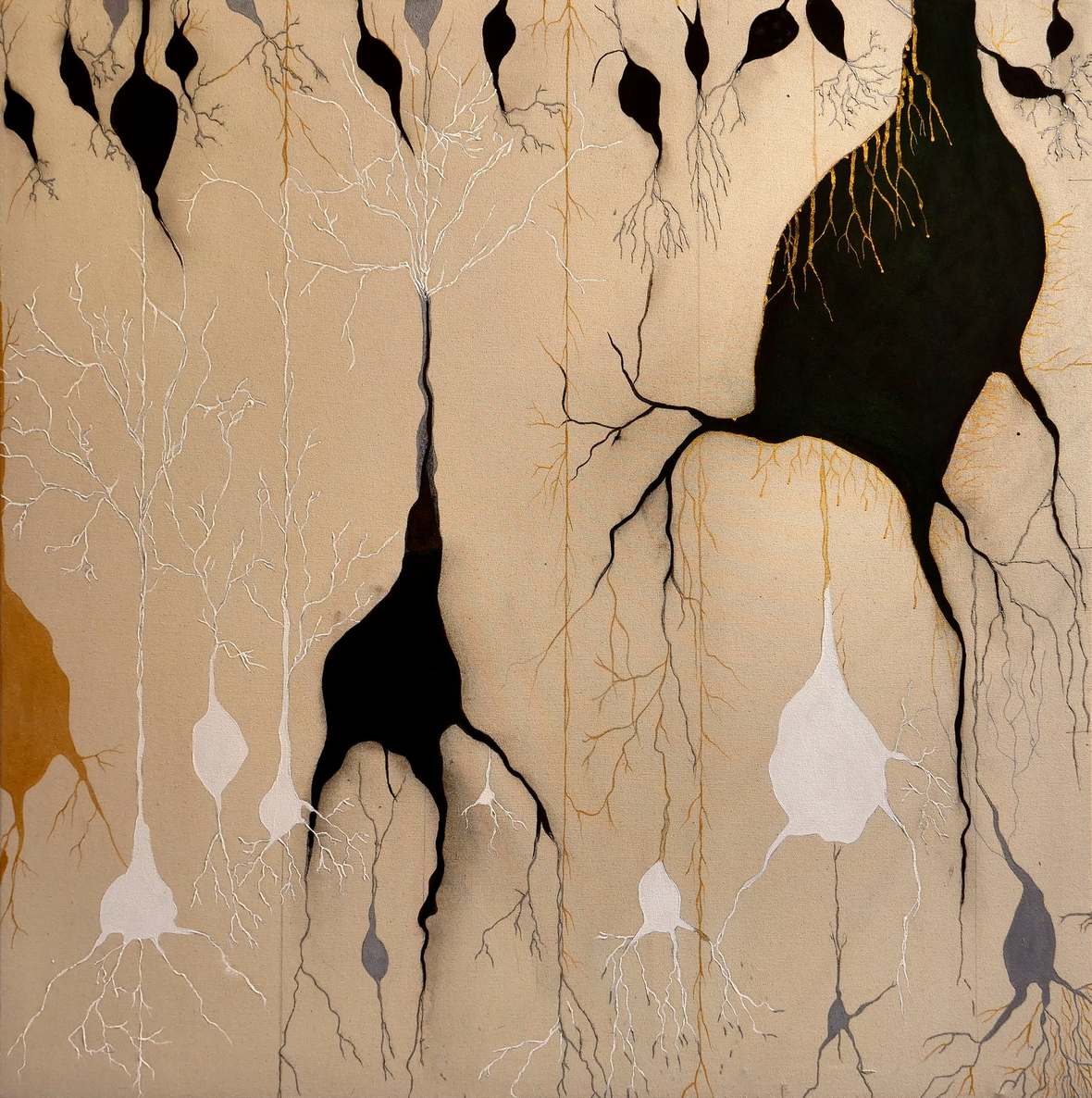 Oil and metallic paint on raw canvas, 2022.